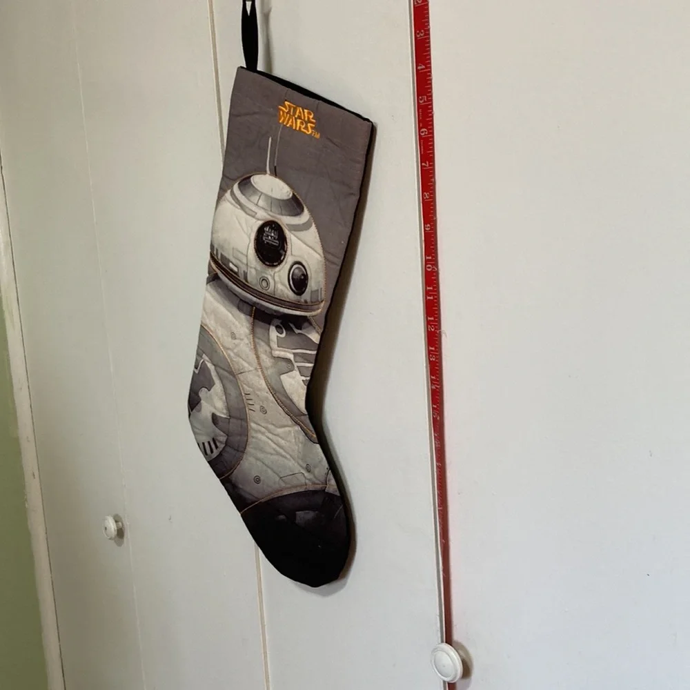STAR WARS Christmas Holiday Stocking BB8 Gray White Gold Embroidered 18.5 in
